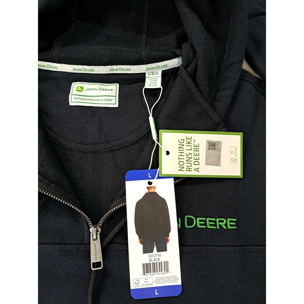 John Deere Men's L Quarter Zip Hoodie Cotton Rich Heavyweight Embroidered Black - Picture 10 of 11